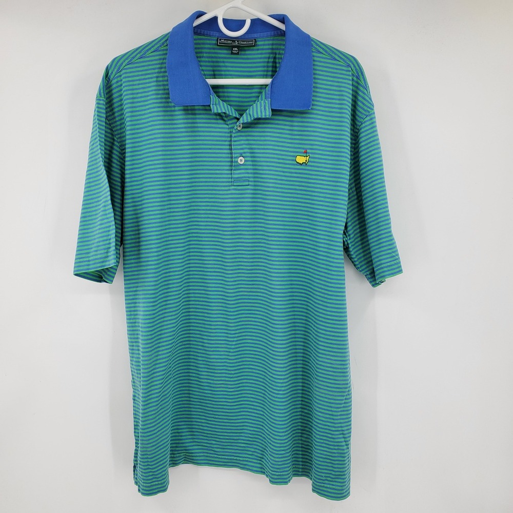 Masters Collection Mens XXL Golf Polo Shirt Green Blue Striped Logo MCJ1605-04